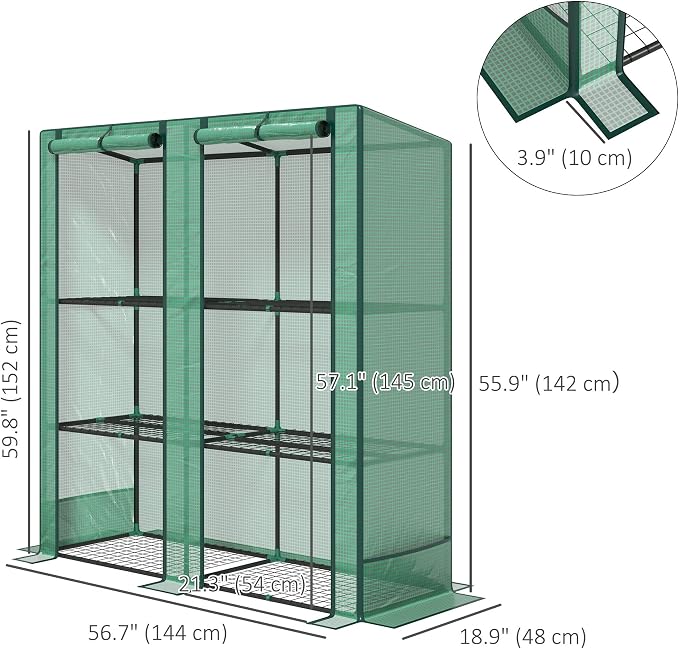 Outsunny Lean-to Greenhouse with 3 Tier Shelves, 56.7" x 18.9" x 59.8" Portable Small Greenhouse with PE Cover, 2 Roll-Up Zippered Doors, for Indoor Outdoor Garden Backyard Balcony, Green
