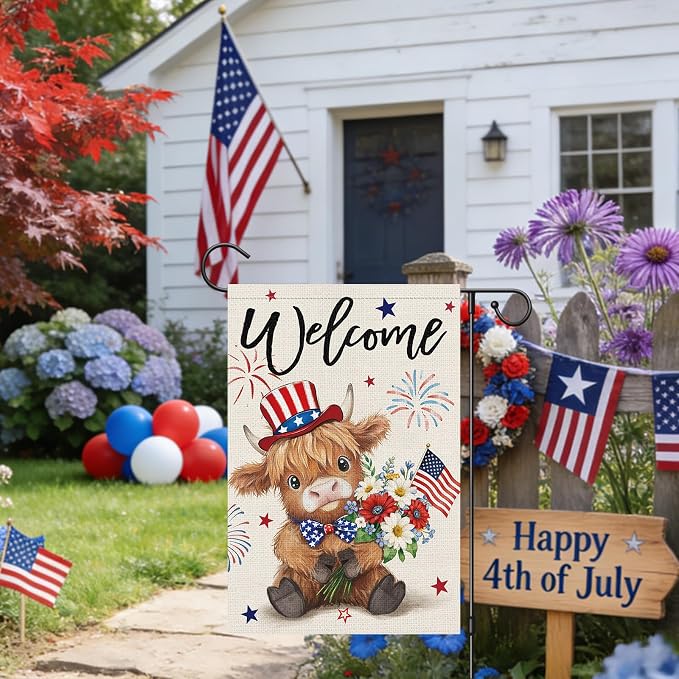 Heyfibro Welcome 4th of July Patriotic Garden Flag 12x18 Double Sided Burlap, Highland Cow with American Flag & Fireworks Yard Banner for Rustic Daisy Independence Day Outdoor Decor