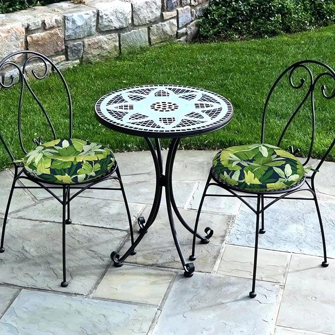 DYTXIII Set of 2 Outdoor Round Chair Cushions 15"x15"x4" with Ties, Water Repellent Tufted Bistro Seat Cushions, Thick Patio Chair Pads for Bar Stool, Garden & Dining Furniture - Jungle Leaves