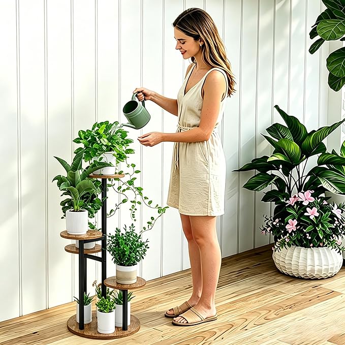 INGIORDAR Plant Stand Indoor Outdoor Corner Plant Shelf for Multiple Flower Pots Flower Stand Holder for Patio Garden Balcony Living Room (Black+Rustic Brown, 5 Tier)