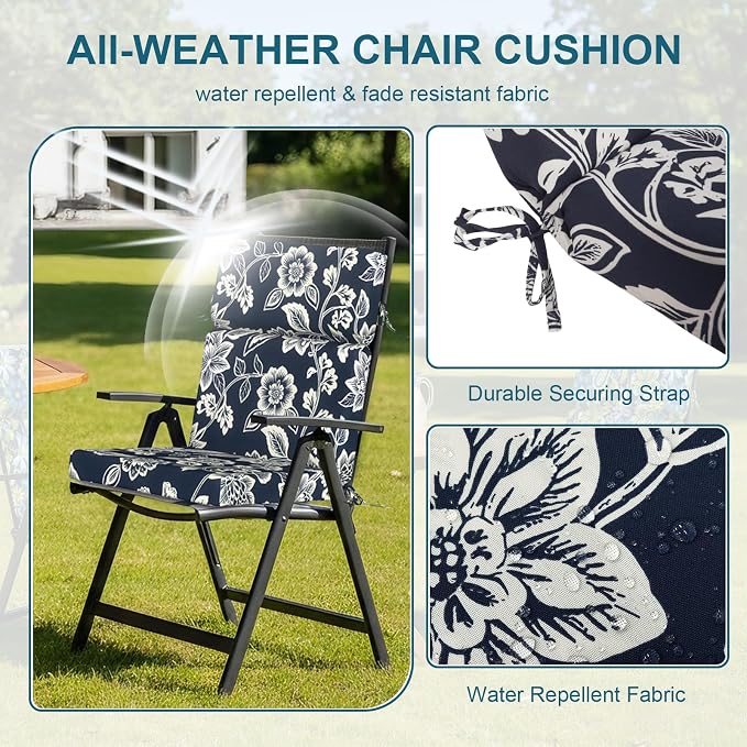 DYTXIII Outdoor High Back Chair Cushions Set of 2, 44"x22" Water Repellent Patio Seat Cushions with Elastic Sponge, All Weather Chair Pads for Rocking, Dining Chairs, Patio Furniture - Vines Navy