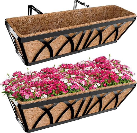 Halatool 24 Inch Railing Planter Box, 2 Pack Window Boxes Planters, Balcony Flower Boxes with Coco Liner & Adjustable Brackets, Hanging Planter Box for Outdoor Fence, Deck, Porch & Garden