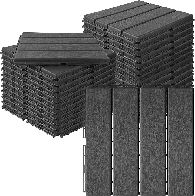 MYFAMIREA 27 Pcs Plastic Interlocking Deck Tiles 12" x 12" Patio Floor Decking Tiles Indoor Outdoor Waterproof Non-Slip Flooring Tile All Weather Use for Balcony Backyard Porch Poolside, Dark Grey