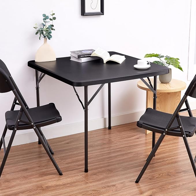 VECELO 5 Piece Folding Card Table Square and Chairs Set, Plastic Tabletop & Seat, Foldable & Portable for Indoor Outdoor Use, Black