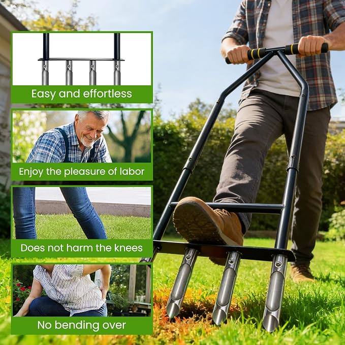 Aerator Lawn Tool,Core Aerator Lawn Tool with 4 Tines for Gardening,Easy Assembled Manual Grass Aerator with Steel Material for Yard Care Health Soil,Suitable for Soft Soil（Water Before Use）