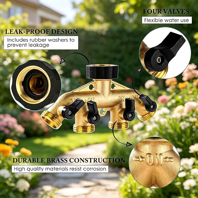 Dalmbox Garden Hose Splitter 4 Way, Water Hose Splitter, 3/4" Heavy-Duty Brass Garden Hose Splitter, Includes 5 Rubber Washers & Teflon Tape(1 pack)