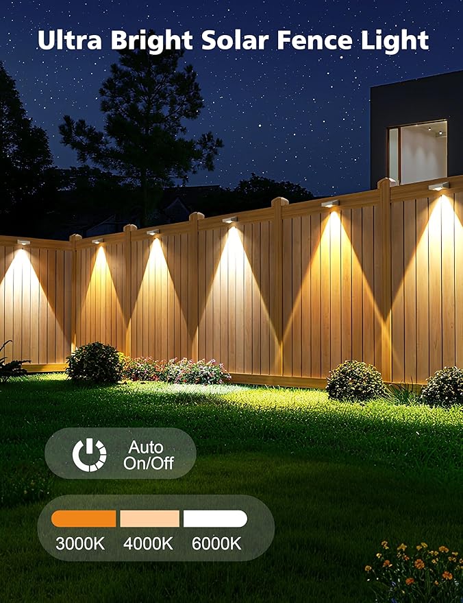 VOLISUN Solar Fence Lights, Fence Lights Solar Powered, IP65 Waterproof LED, 3 Color Temperatures Solar Light for Fence, Yard, Wall, Backyard (12 Pack, White)