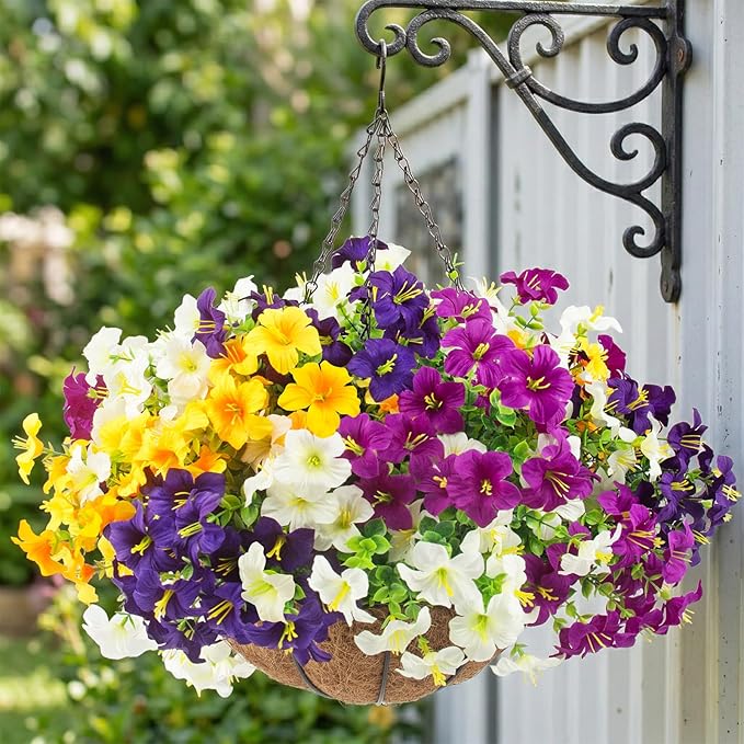 2 Set Artificial Outdoor Flowers with Hanging Baskets,24 Pcs UV Resistant Faux Petunias Flowers with Hanging Planter for Front Door Porch Spring Outside Decor (2, White,Yellow,Purple,RedViolet)