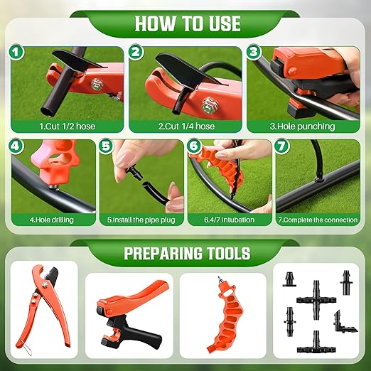 Feekoon Irrigation Drip Tools with Barbed Connectors, 2-in-1 Drip System Punch Tool for 1/4" Fitting, 16 20 25mm PE Pipe & Emitter; Ideal for Garden & DIY Watering System(Orange,115 Irrigation Plugs)