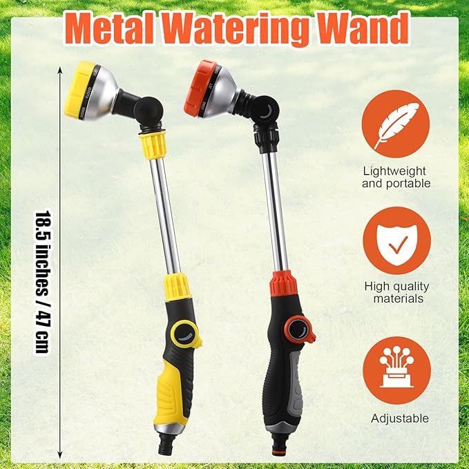 Hushee 2 Pack Garden Hose Wands 18.5inch Long Metal Watering Wands with 180° Swivel Head Adjustable 8 Spray Patterns Hose Nozzle Heavy Duty Flow Control for Tall Plants Hanging Baskets Car Lawn Wash