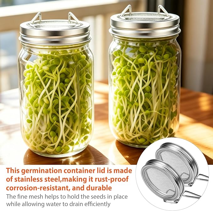 Sprouting Jars Kit, 2 Wide Mouth Mason Jars with 316 Stainless Steel Lids | Complete Kit with 4 Mesh Screens, 2 Light-Blocking Sleeves, Drip Tray and Cleaning Sponge for Fresh Sprouts & Microgreens