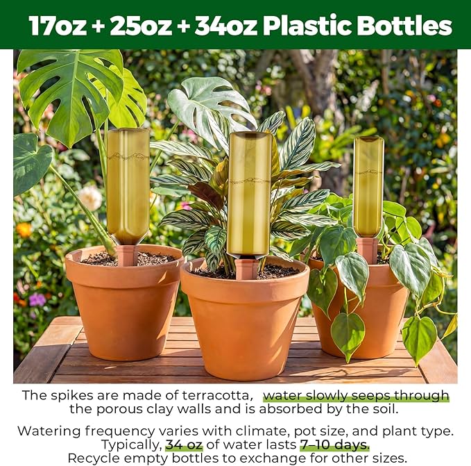 6 Pcs 17oz 25oz 34oz Plant Watering Devices 3 Terracotta Self Watering Spikes 3 Plastic Bottles Slow Release Vacation Planter Insert Automatic Water System for Indoor Outdoor Potted Plant