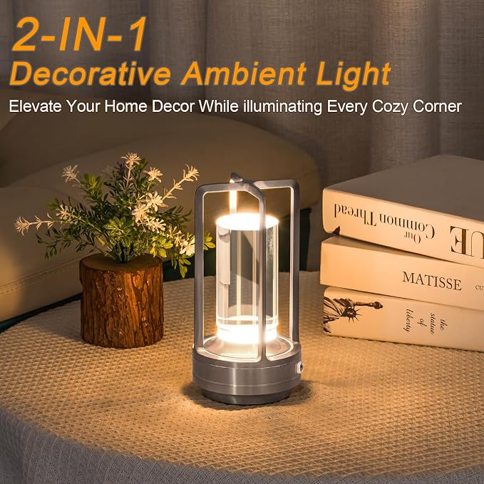 Rechargeable Table Lamp Cordless, 3 Color | Crystal | Stepless Dimming, for Bedroom, Cafe, Camping, Dining Table, Home Decor, 2 Pack (Silver)