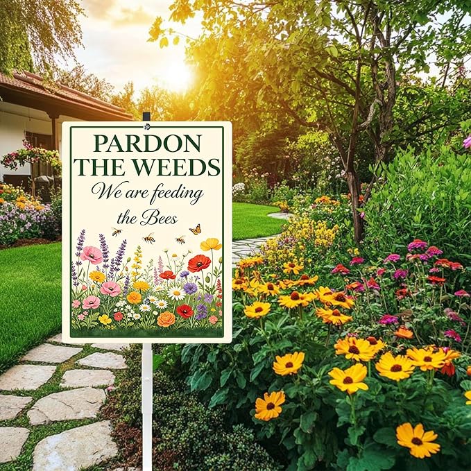 Pardon the Weeds We're Feeding The Bees Yard Sign with Stakes 8x12 In Do Not Mow No Mow May Aluminum Lawn Signs Stand for Garden Pollinator Wildflower Save Bee Habitat Outdoor Decorations