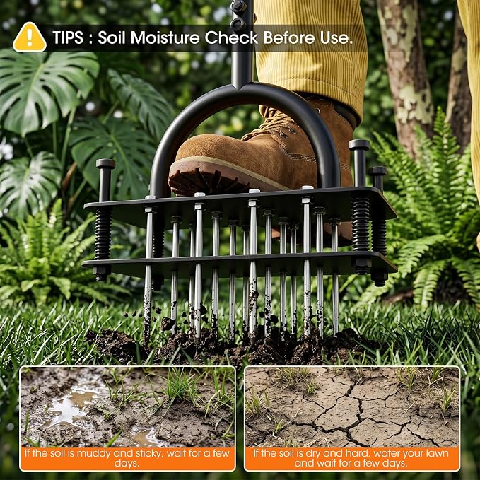Lawn Aerator Tool, Manual Core Aerator for Lawn with 16 Spikes Spring Base, Automatic Soil Ejection, Pre-Assembled Yard Grass Aerator, Metal Grass Aerator for Yard