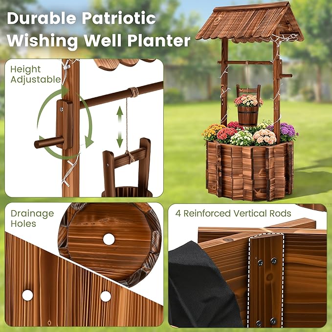 2026 Upgraded 54" H Wishing Well Planter with 11-Mode LED Lights and 3 Timer Settings, Outdoor Garden Decor with Adjustable Hanging Bucket and Drainage Base for Yard, Patio, Backyard