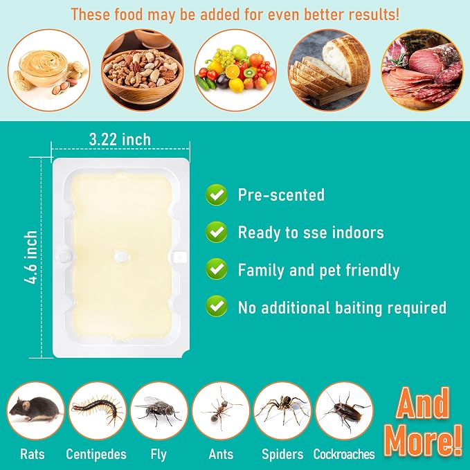 Qualirey 12 Pack Mouse Glue Traps 4.6x3.2 Inch, Pre-Baited Sticky Traps for Mice Rats Roaches Spiders, Heavy Duty Adhesive Glue Boards with Peanut Scent, No Touch Disposal, Indoor for Home (White)