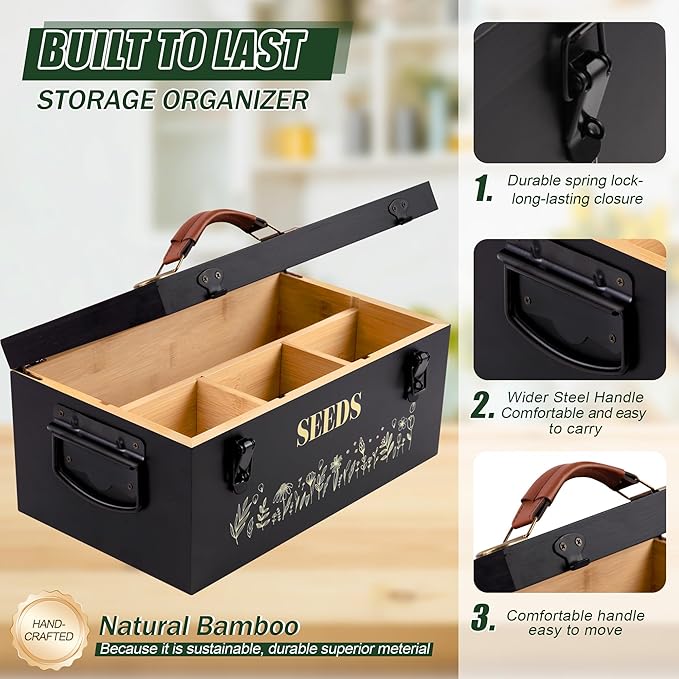 Large Seed Storage Organizer Box with Handle, Bamboo Wood Seed Packet Storage, Seed Holder Organizer, Seed Saving Box with Safety Lock, Seed Envelopes and Labels, Great Gifts for Gardener