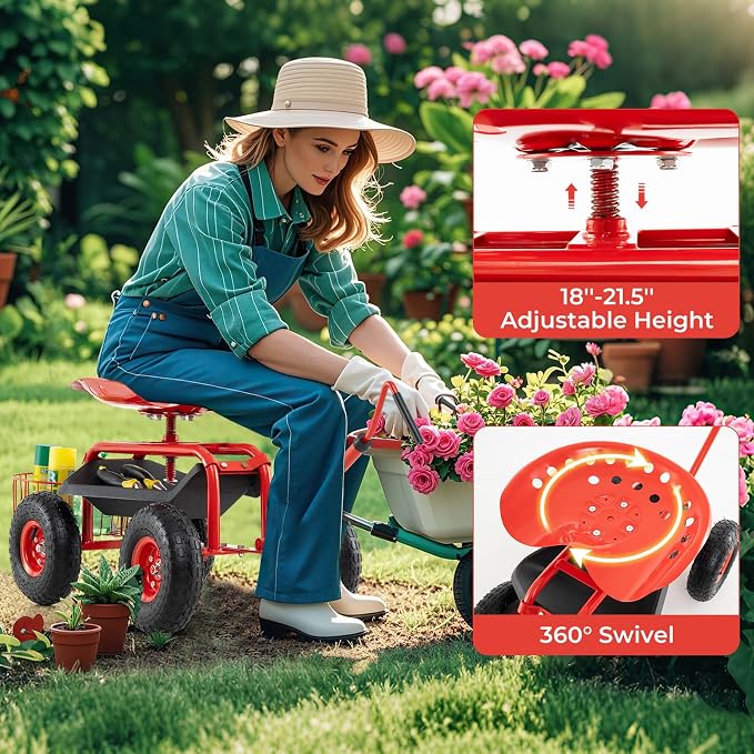 IRONMAX Garden Cart with Seat, Gardening Rolling Stool Scooter with 10’’ All-Terrain Wheels, Adjustable Steering Handle & Tool Tray and Basket for Outdoor Planting (Red)