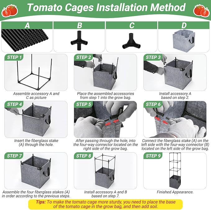 2 Pack Square Tomato Cages with Grow Bags, 42.5 Inch Stable Square Tomato Planter Support Stakes Kit for Garden, Tomato Cages Trellis Pots for Spring Climbing Vertical Plants Vegetables Fruits Vines