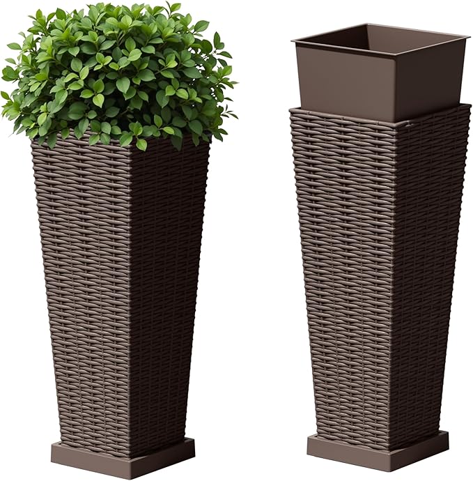 Devoko Resin Tall Planters for Outdoor Plants Set of 2, Large Taper Outdoor Planter Pots with 4 Drainage Holes, Flower Pots Modern Decor for Porch, Patio, Backyard, Garden(Brown, 23.6" with Trays)