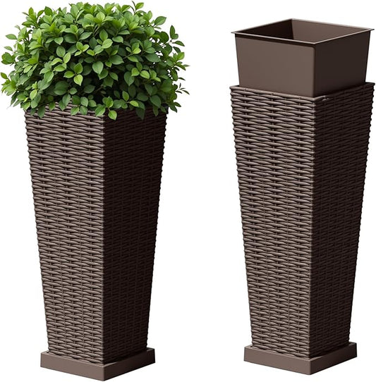 Devoko Resin Tall Planters for Outdoor Plants Set of 2, Large Taper Outdoor Planter Pots with 4 Drainage Holes, Flower Pots Modern Decor for Porch, Patio, Backyard, Garden(Brown, 23.6" with Trays)