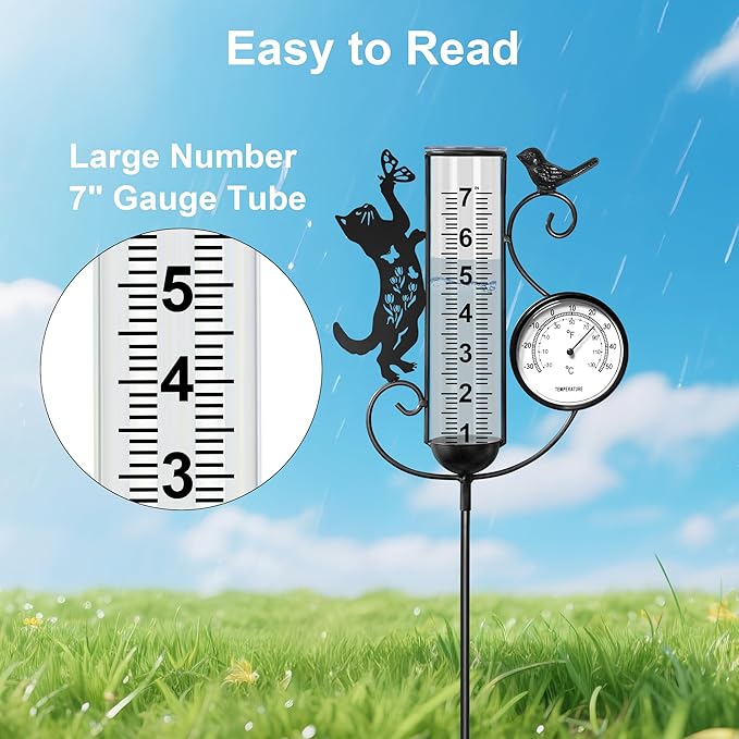 shumi Rain Gauge Outdoor with Thermometer Garden Decor, Bird and Cat Decorative Outdoor Rain Gauges for Yard Patio Lawn, Gardening Gifts for Women