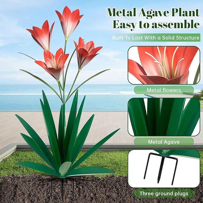 TOMBABY 32.28 Inch Metal Agave Plant Outdoor Decoration Lily Mexican Yard Art Garden Gift Home Decor Hand Painted Metal Agave Garden Yard Statue (2pc, Green)
