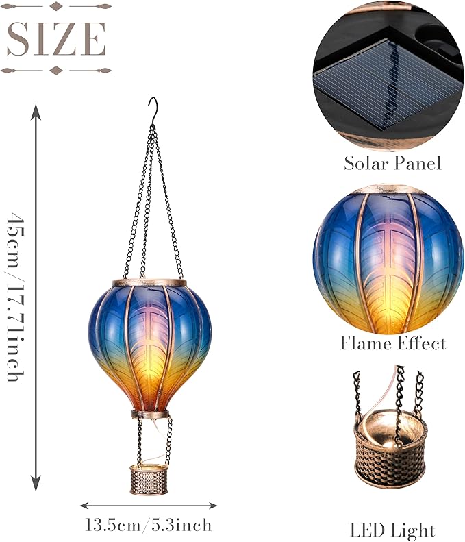 TERESA'S COLLECTIONS Hot Air Balloon Lantern for Garden Decor ,Flickering Flame Hanging Light for Outdoor ,Blue & Yellow Plastic Lamp for Yard Tree Gift for Mom