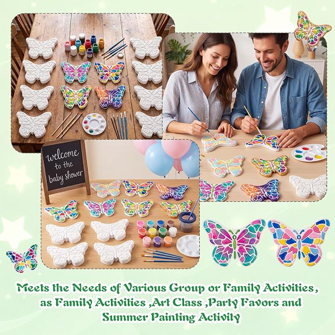 Lewtemi 16 Pcs Paint Your Own Stepping Stones for Craft, DIY Plaster Stepping Stones Garden Decor Painting Art Set for Art Class, Summer Activities & Home Decor (Butterfly)
