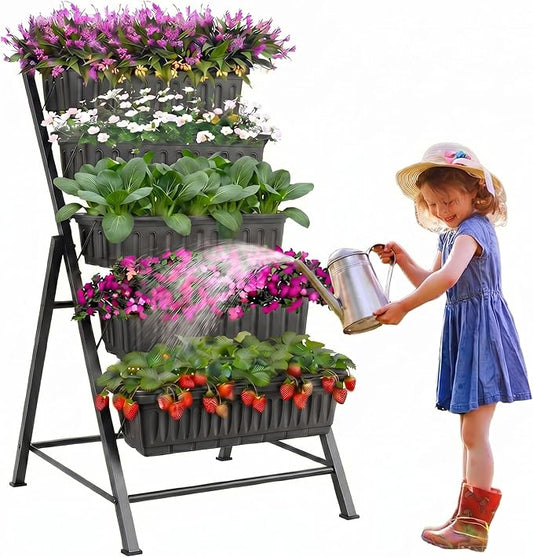 TEANDE Vertical Raised Garden Bed, 5-Tier Elevated Planter Box w/Drainage System & 4 Hooks for Herbs Vegetables Flowers, Vertical Garden Planter for Patio Yard Indoor Outdoor