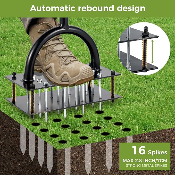 Lawn Aerator Tool, Lawn with 16 Iron Spikes, Automatic Leaf and Dirt Cleaning with Spring-Loaded Design, Metal Manual Aerator for Loosening Soil Aerating Patio, Yard, Garden Black