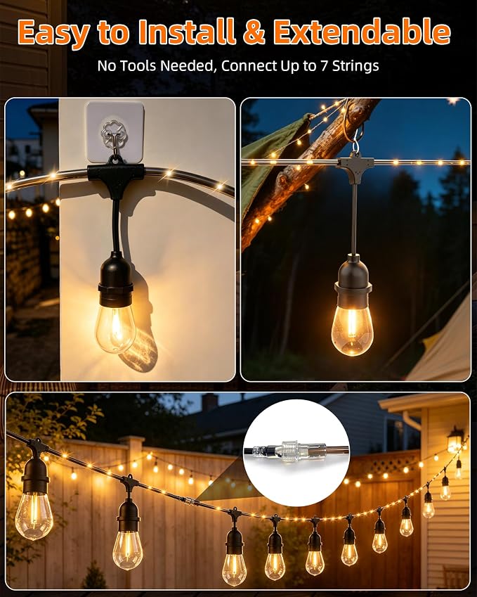 Outdoor String Lights With Lighted Tubing 24 ft, Commercial Grade String Lights with 13 (12+1spare) S14 Edison Bulbs & 72-LED Lighted Tubing, IP65 Waterproof Bistro Light for Patio, 2700K Warm White