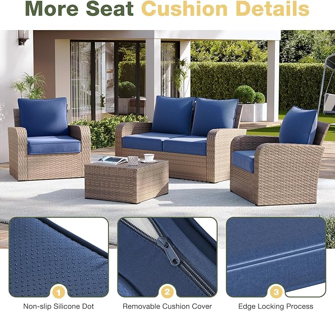 Aoxun Replacement Cushions for Outdoor Furniture, 4-Piece Outdoor Cushions for Patio Furniture, Deep Seat, Waterproof & Fade Resistant Couch Cushion for 4-Seat Patio Conversation Sets, Navy Blue