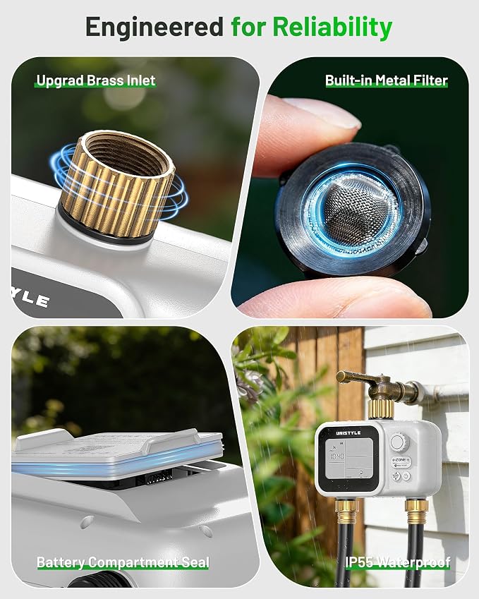 [All-New 2027] 2 Zone Sprinkler Timer with Brass Inlet, Low-Pressure Water Sources, Unistyle Ball Valve Water Timer for Garden Hose, Rain Delay, Manual Control, Automatic Irrigation for Hose Timers