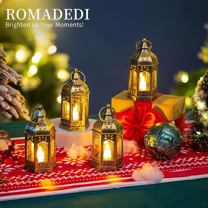 Mini Lanterns Decorative for Wedding Centerpiece - 20 Pcs Romadedi Hanging Small Gold Lantern Bulk with Flickering LED Candles for Halloween Decorations, Christmas Table Decor, Batteries Included
