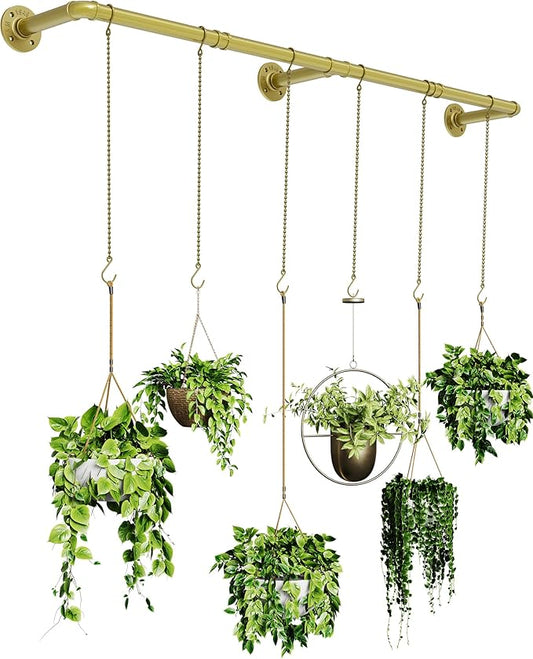 SOFITORG Plant Haning Rod, Hanging Planters for Indoor Plants with 6 Chains, Wall Plant Hanging Bar for Window Celling, 65.7 Inch, Metal Gold, Pots Not Included