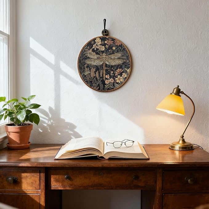 DOFQZ Vintage Boho Floral Dragonfly Round Wall Art Decor, Dark Cottagecore Botanical Wildflower Framed Canvas Hanging Art for Bedroom Living Room Home Decor, 10x10