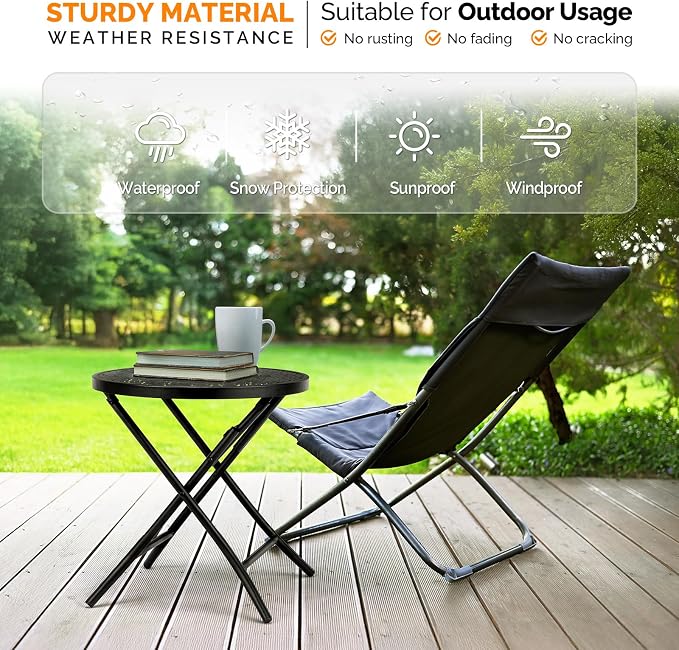 Folding Small Outdoor Side Tables, Patio Folding Side Table, Anti Rust Small Patio Table Round Metal Nightstand with Flower Cutouts for Porch Yard Balcony Deck Lawn