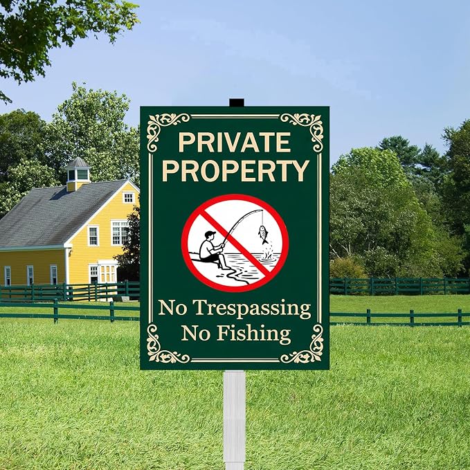 Private Property No Trespassing No Fishing Yard Sign With Stakes Do Not Fish Signs Reflective Rustproof Aluminium Pool Lake Stake Outdoor 8X12 IN