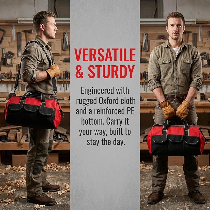 Hiceeden 16 Inch Wide Mouth Tool Bag, Collapsible Tool Tote with Waterproof Coating and Adjustable Strap, Portable Electrician Tool Organizer Handbag with 5 Outside Pockets, Red