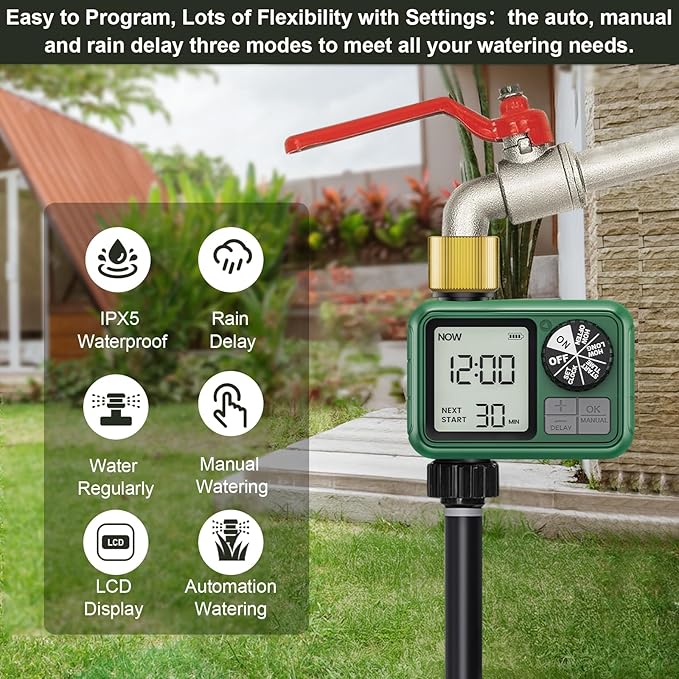 Water Timer for Outdoor Garden Hose, Sprinkler Timer for Garden Faucet with Auto/Manual/Rain Delay Mode, Sprinkler Irrigation Controller for Yard Lawn (1 Zone Brass Inlet & Outlet-2 Pack)