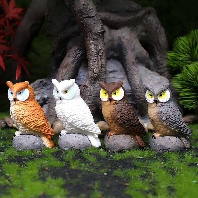 Mini Owl Figurines 4pcs - Fairy Garden Accessories, Miniature Owls for Fairy Garden Decor, Small Owl Gifts for Women Mom Grandma