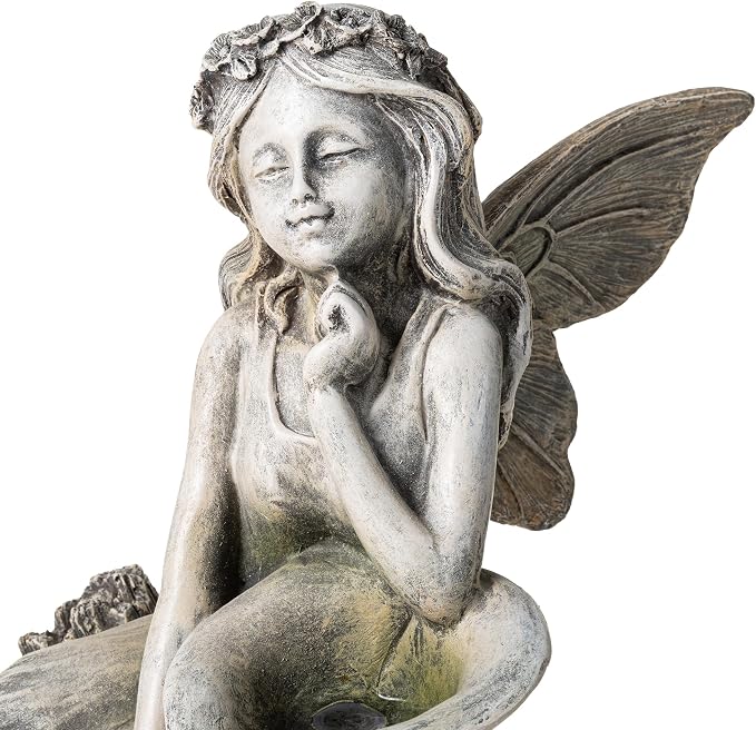 Glitzhome Water Fountain Outdoor, Outdoor Fountain with Lights & Pump, 22.75" H 4-Tiered Concrete Fairy Polyresin Cascading Waterfall Floor Standing Water Feature for Garden, Patio, Yard, Deck