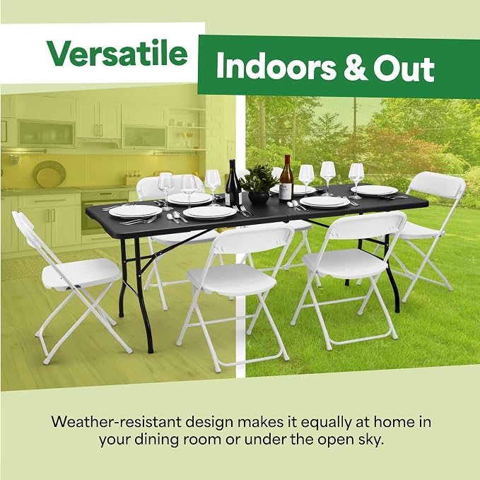 EconoHome Black 6ft Folding Table with Handle | Heavy-Duty Foldable Table | Portable Table for Indoor & Outdoor Use | Perfect for Events, Camping, Parties, Dining & More