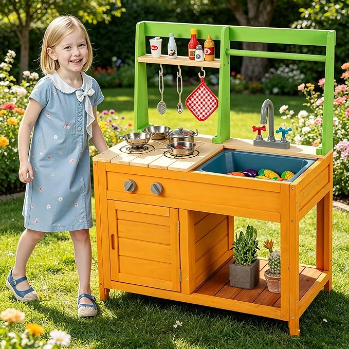 Costzon Mud Kitchen for Kids Outdoor, Wooden Play Kitchen w/Stoves, Removable Sink, Faucet, Oven, Cooking Accessories, Storage Shelves, Montessori Pretend Kitchen Playset for Girls&Boys 3+ Years Old