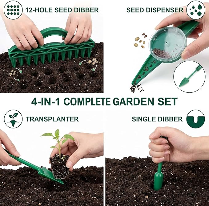 GOOGO Seed Spreader 4 Piece Sowing Tool Set, Green Garden Seed Spacer with 12 Holes and 5 Outlet Seed Dispenser, Handheld Planter for Vegetables and Flowers
