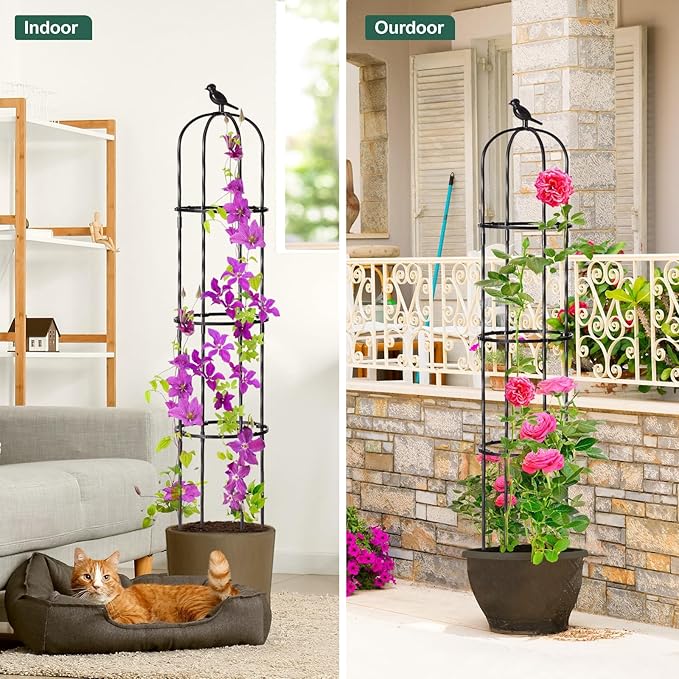 FOLLOOK Garden Obelisk Trellis for Climbing Plants Outdoor, 67 Inch Lightweight Round Plant Support for Roses Clematis Cucumber Vines Raised Garden Bed Planter, Black, 2 Pack