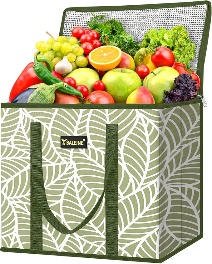 BALEINE 1Pk Insulated Reusable Grocery Bags, Foldable Shopping Bags for Groceries with Reinforced Bottom & Handles (Antique Foliage)