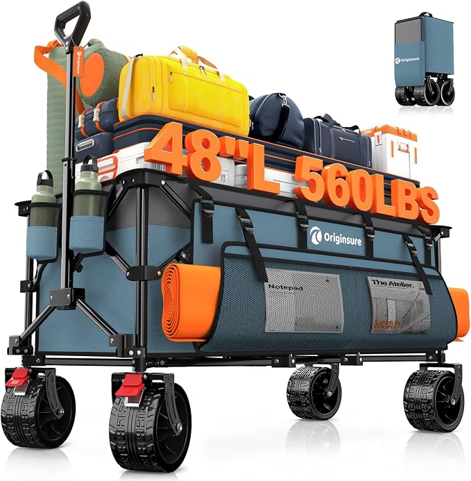 Originsure 48" L Collapsible Wagon Cart Foldable, 560lbs Weight Capacity 300L Heavy Duty Folding Beach Wagons with Big All-Terrain Wheels, Utility Carts for Groceries, Camping, Sports - Grey&Blue